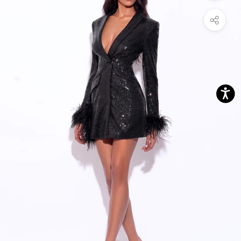 Sequin Feather Cuff Blazer Dress - Black - Picture 4 of 6